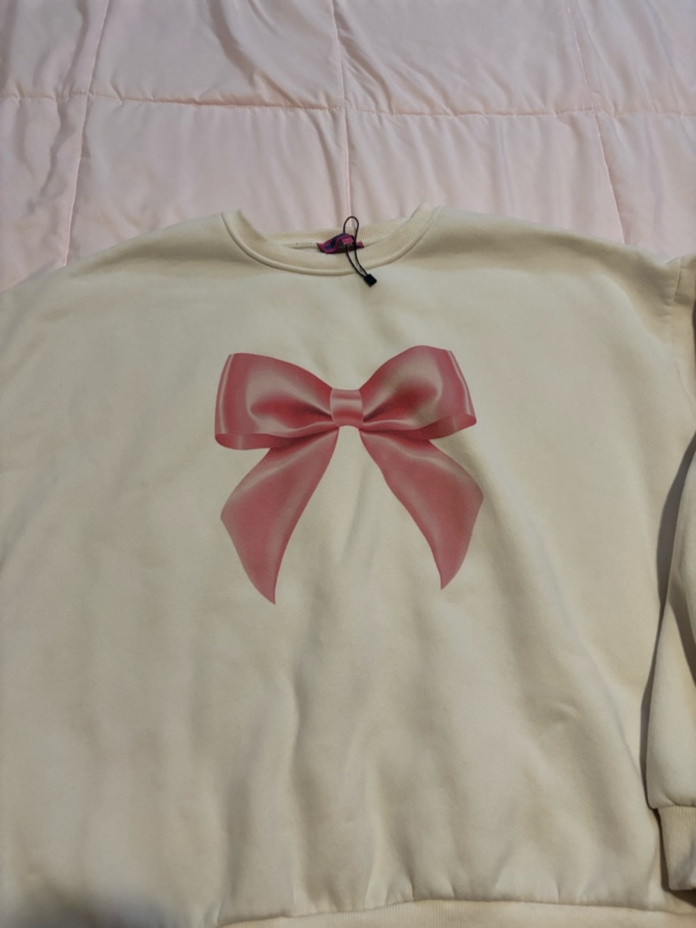 Edikted Cream Sweatshirt with Pink Bow Graphic - Picture 3 of 7